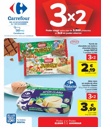 Ofertas de Hiper-Supermercados en Xàtiva | 3X2 (Alimentación, Drogueria, Perfumeria y comida de animales) de Carrefour | 22/11/2022 - 1/12/2022
