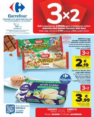 Ofertas de Hiper-Supermercados en Santurtzi | 3X2 (Alimentación, Drogueria, Perfumeria y comida de animales) de Carrefour | 22/11/2022 - 1/12/2022