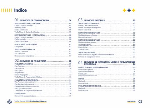 Catálogo Correos en Mollina | Tarifas de Correos para 2023 Peninsula y Baleares | 2/1/2023 - 31/12/2023