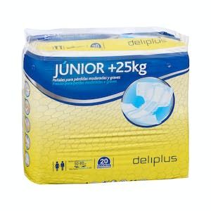 Oferta de Pañal junior talla hasta 34 más de 25 kg Deliplus por 9€ en Mercadona