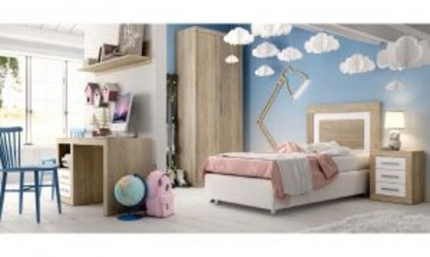 Oferta de Dormitorio infantil compuesto de cama, cómoda, armario y mesa de escritorio de madera con acabados en madera color blanco por 690€