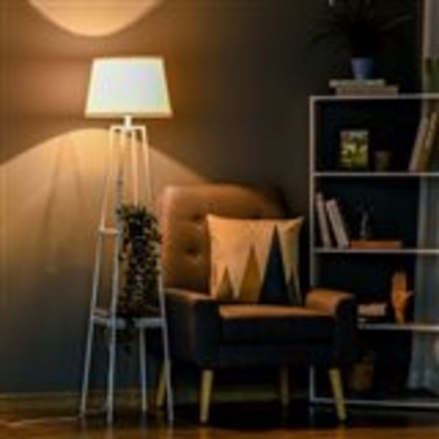 Oferta de Lámpara de pie Homcom casquillo E27 40W con 2 estantes pantalla de lino blanco 158x35,5x35,5 cm por 51€