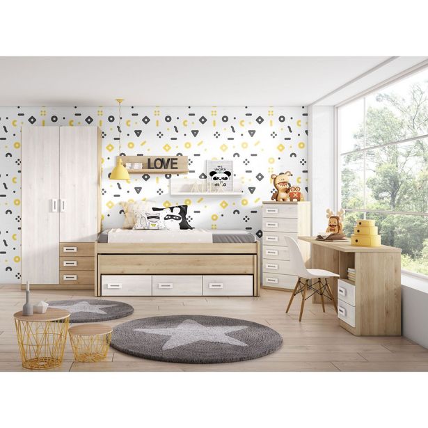 Oferta de Dormitorio juvenil con compacta dos camas y cajones, armario y mesa estudio. Colores pino-blanco en Ahorro Total por 668€