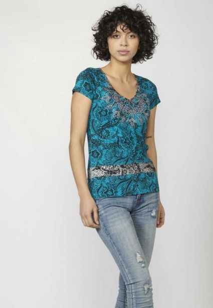 Oferta de Camiseta Top manga corta de Algodón con Escote de Pico y Estampado Floral con detalle en la Cintura para Mujer por 15,99€ en Koröshi