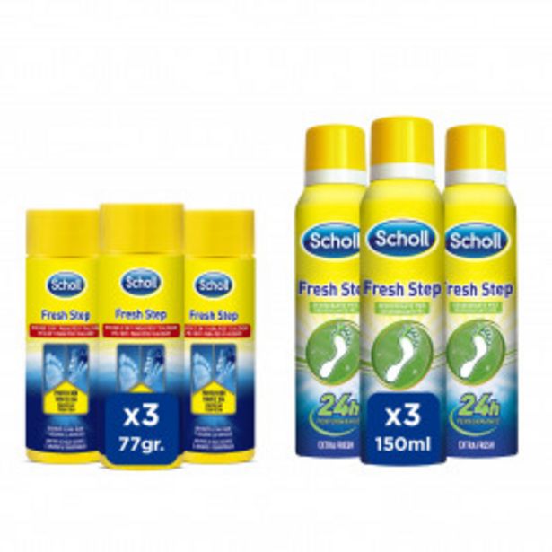 Oferta de Scholl 3x Desodorante Polvos 2 en 1 Pies + 3x Spray Desodorante Pies Fresh Step por 26,99€