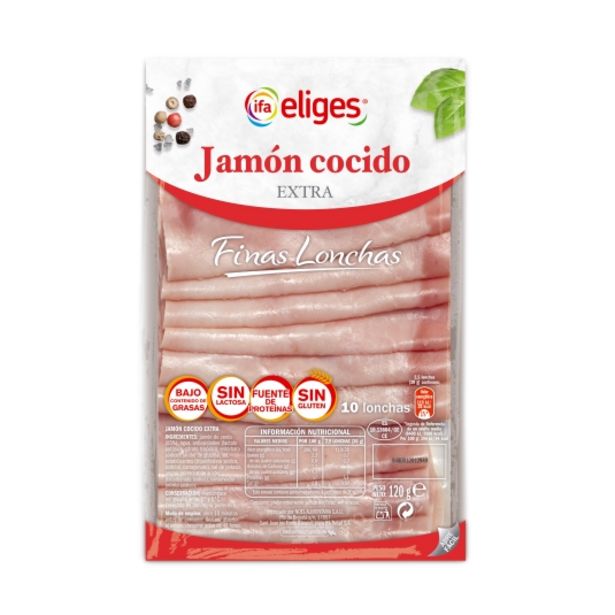 Oferta de Jamón cocido extra finas lonchas, 120g por 1€