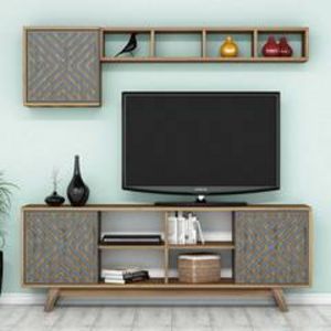 Oferta de Conjunto de soporte de TV y estantería de madera y azul Waevo por 247€ en Muebles Menzzo