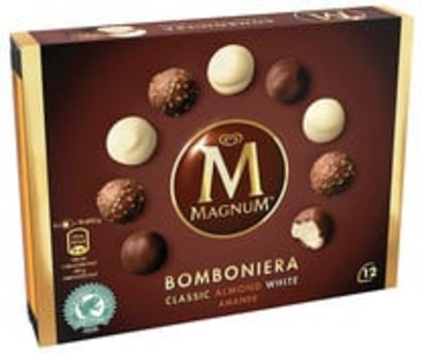 Oferta de Bombones de helado de vainilla recubierto de chocolate, chocolate almendrado y chocolate blanco MAGNUN Bombonera 12 uds. por 3,99€