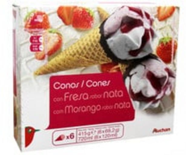 Oferta de Conos de helado de nata y fresa con salsa de fresa PRODUCTO ALCAMPO 6 x 120 ml.<br /> por 1,48€