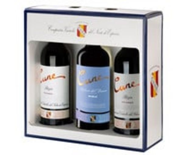 Oferta de Estuche con 2 botellas de vino tinto crianza D.O.C Rioja y botella de vino tinto Roble D.O. Ribera del Duero CUNE. por 13,09€