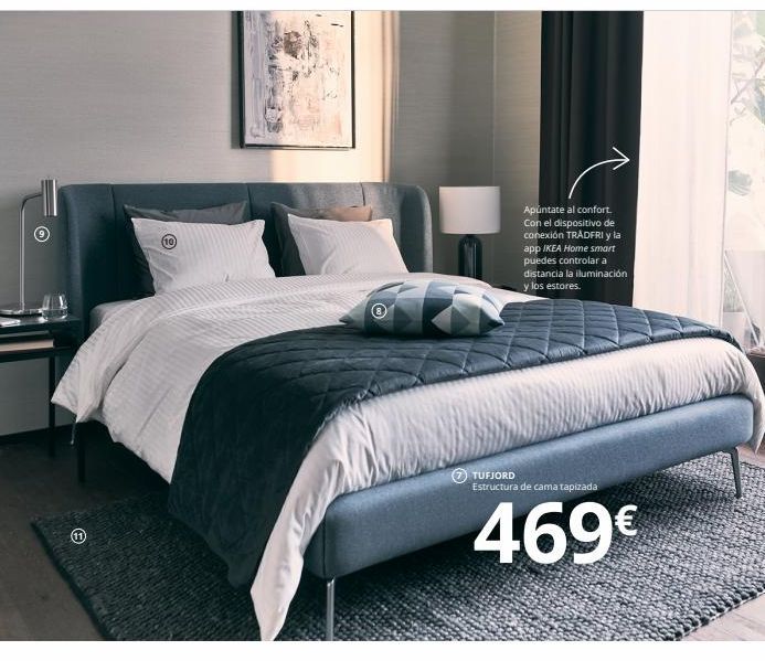 Oferta de 10  Apuntate al confort Con el dispositivo de conexión TRÅDFRI y la app IKEA Home smart puedes controlar a distancia la iluminación y los estores.  TUFJORD Estructura de cama tapizada  469€  por 