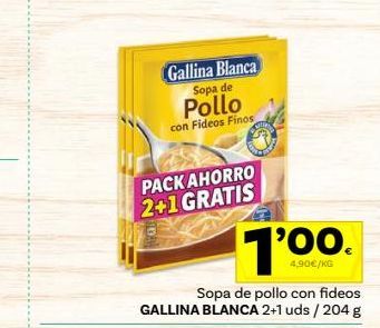 Oferta de Gallina Blanca  Pollo  Sopa de  con Fideos Finos  PACK AHORRO 2+1 GRATIS  T'oo.  4,90€/KG  Sopa de pollo con fideos GALLINA BLANCA 2+1 uds/204 g  por 