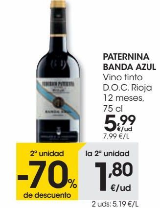 Oferta de PATERNINA BANDA AZUL Vino tinto D.O.C Rioja 12 meses  por 5,99€