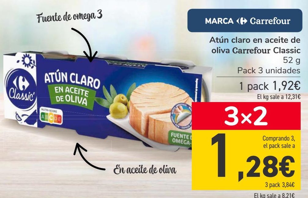 Oferta de Atún claro en aceite de oliva Carrefour Classic por 1,92€