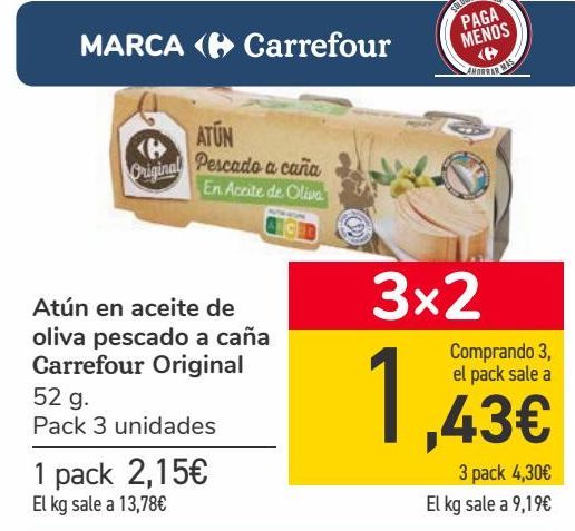Oferta de Atún en aceite de oliva pescado a caña Carrefour Original por 2,15€