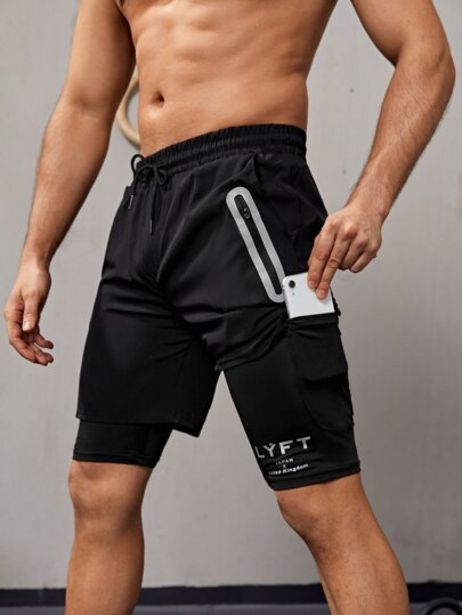 Oferta de Hombres Shorts deportivos con estampado de letra con bolsillo de celular de cintura con cordón por 8€