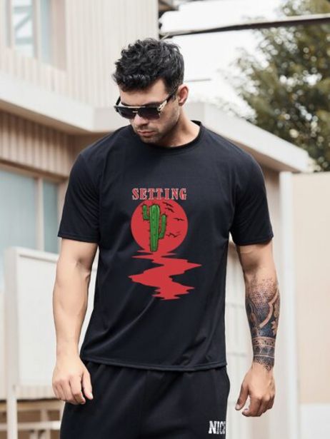 Oferta de Extended Sizes Hombres Camiseta cactus & con estampado de letra por 5€