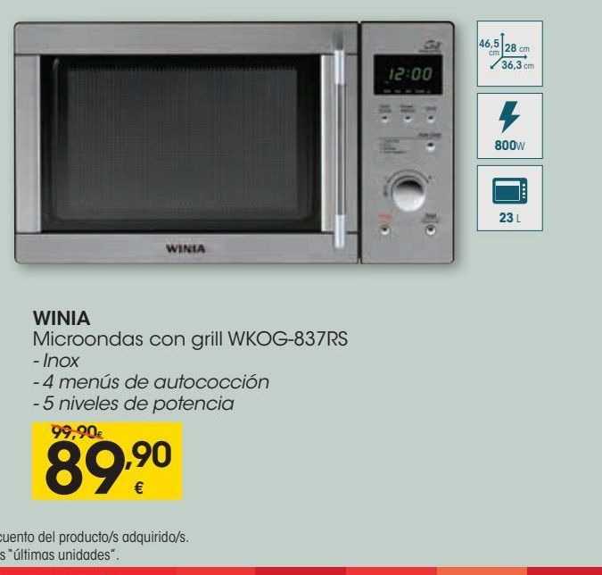 Oferta de Microondas con grill WKOG-837RS, inox, 4 menús de autococción, 5 niveles de potencia  por 89,9€