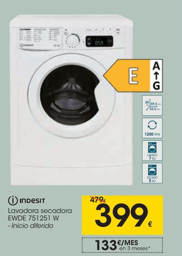 Oferta de Lavadora secadora EWDE 751251 W inicio deferido Indesit por 399€
