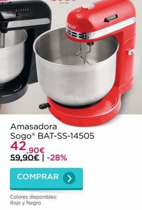 Oferta de 24  WS  Amasadora Sogo BAT-SS-14505 42  -,90€ 59,90€ -28%  COMPRAR  Colores disponibles: Rojo y Negro  por 59,9€