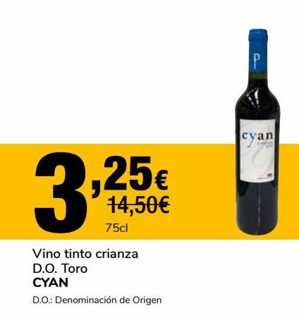 Oferta de Vino tinto crianza D.O Toro Cyan por 3,25€