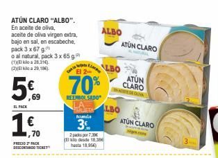 Oferta de ALBO  ATÚN CLARO "ALBO". En aceite de oliva, aceite de oliva virgen extra, bajo en sal, en escabeche. pack 3 x 67 g. o al natural, pack 3 x 659 (1) kiloa 28.310 (2) Nilo a 29,18€  ATÚN CLARO  LBO 70%  ATUN CLARO  REEMBOLSADO  5. 16  EL PACK  LBO  ATUN CLA por 