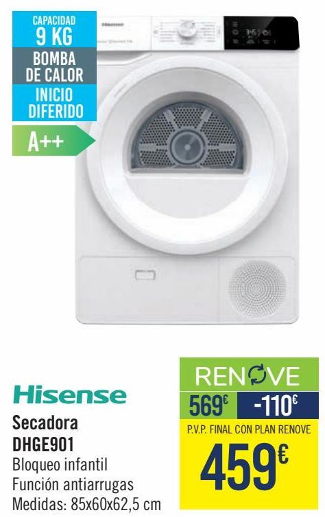 Oferta de Hisense Secadora DHGE901  por 459€