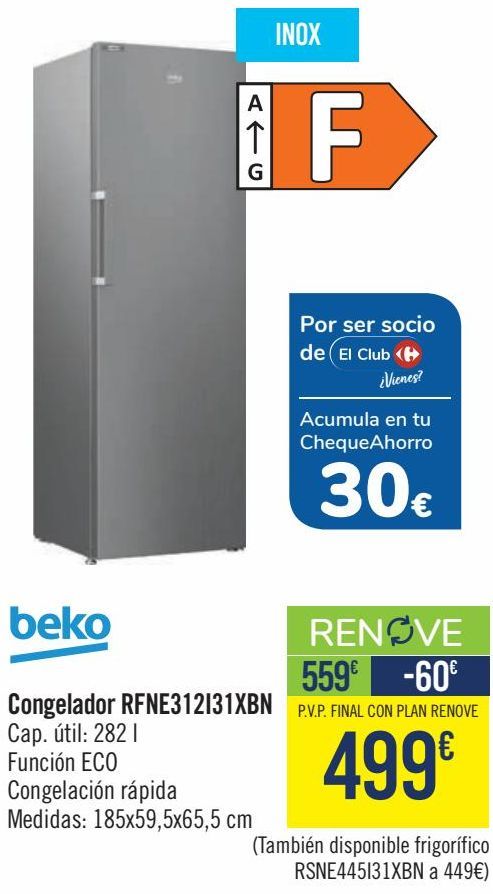 Oferta de Beko Congelador RFNE312I31XBN por 499€