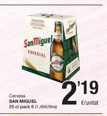 Oferta de TOGON  San Miguel  ESPECIAL  Cervesa SAN MIGUEL 25 cl pack 6 (1.46€/itre)  2:19  por 