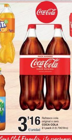 Oferta de Coca-Cola  PACK AHORRO  Coca Cola  SABOR ORIGINAL  3:16  Refresco cola original o zero COCA COLA  €/  unidad 21 pack 2 (0,79€/litro)  por 