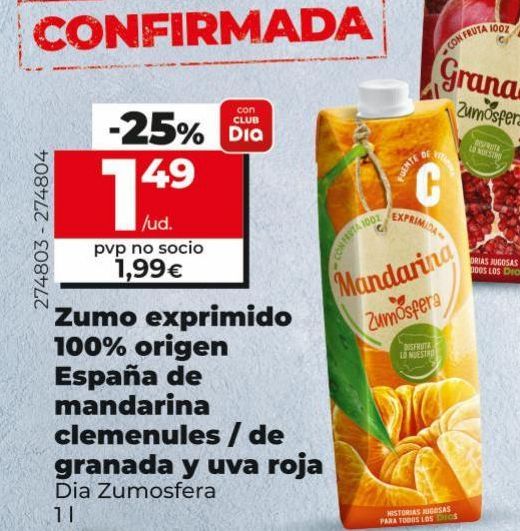 Oferta de Zumo exprimido 100% origen España de mandarina clemenules / de granada y uva roja por 1,99€