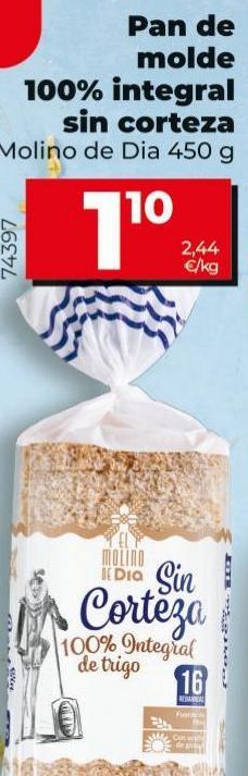 Oferta de Pan de molde 100% integral sin corteza por 1,1€