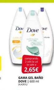 Oferta de Dow Dove me  comprando 2 uds la ud  te sale a  2,65€ GAMA GEL BAÑO DOVE 600 ml 14420/L)  por 