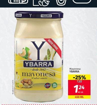 Oferta de BARRA  YBARRA  NUEVO ENVASE  YBARRA  desde 1842 mayonesa  Mayonesa YBARRA  sabor caser  -25%  TAE www  Guru  Te sale el LT a 2,75 €  124  450 ML  por 