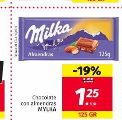 Oferta de Milka  Te sale el KG a 10,00 €  Almendras  125g  -19%  155  Chocolate con almendras  MYLKA  ./UD  125 GR  por 