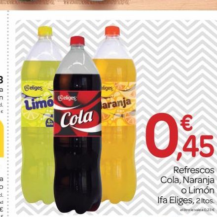 Oferta de Eliges  aliges  eliges  aranja  Limo  Cola  0.45  Refrescos Cola, Naranja  o Limón Ifa Eliges, 2ltos. elltrale alea  0.236  por 