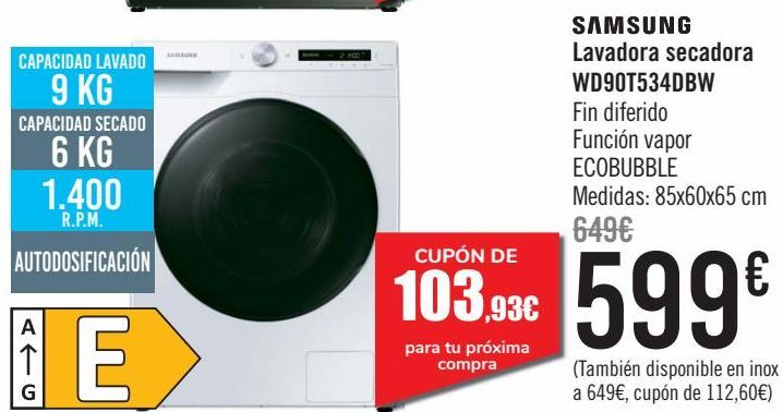 Oferta de SAMSUNG Lavadora secador WD90T534DBW  por 599€