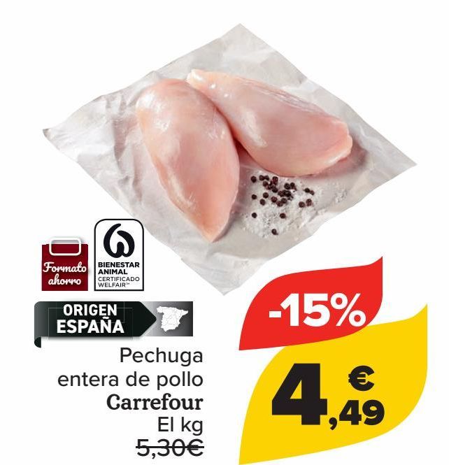 Oferta de Pechuga entera de pollo Carrefour  por 4,49€