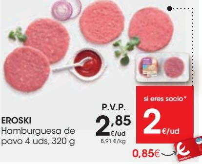 Oferta de EROSKI Hamburguesa de pavo 4 uds, 320 g  por 2,85€