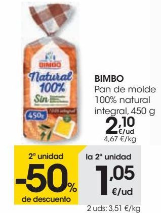 Oferta de BIMBO Pan de molde 100% natural integral,450 g  por 2,1€
