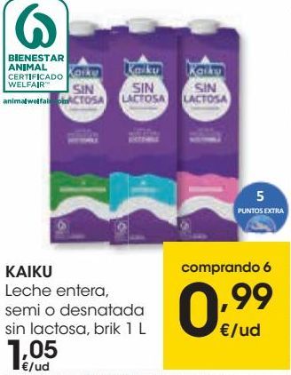 Oferta de KAIKU Leche entera,semi o desnatada sin lactosa, brik 1L por 1,05€