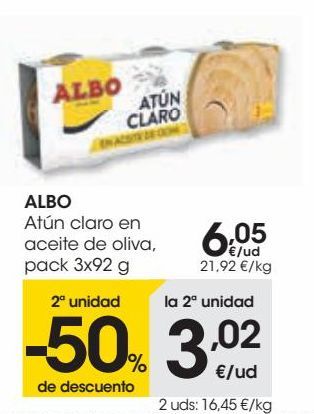 Oferta de ALBO Atún claro en aceite de oliva pack 3x92 g  por 6,05€