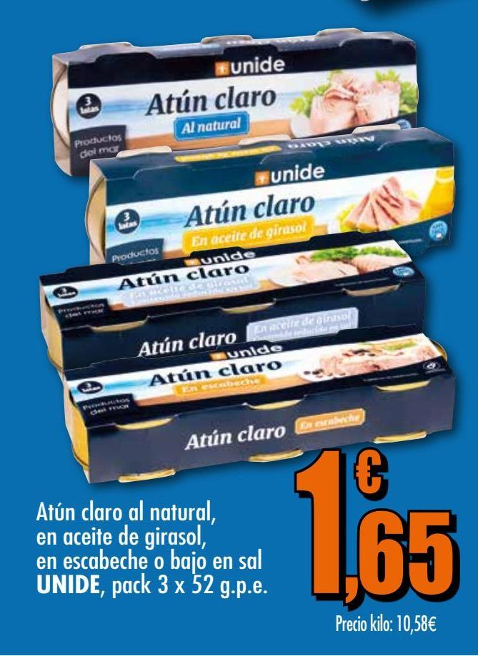 Oferta de Atún claro al natural, en aceite de girasol o bajo en sal pack 3 UNIDE por 1,65€