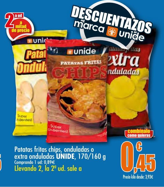 Oferta de Patatas fritas chips, onduladas o extra onduladas 160g Unide por 0,89€