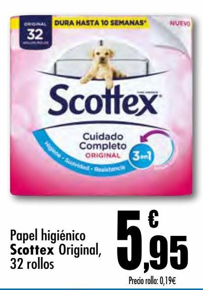 Oferta de Papel higiénico original 32 rollos Scottex por 5,95€