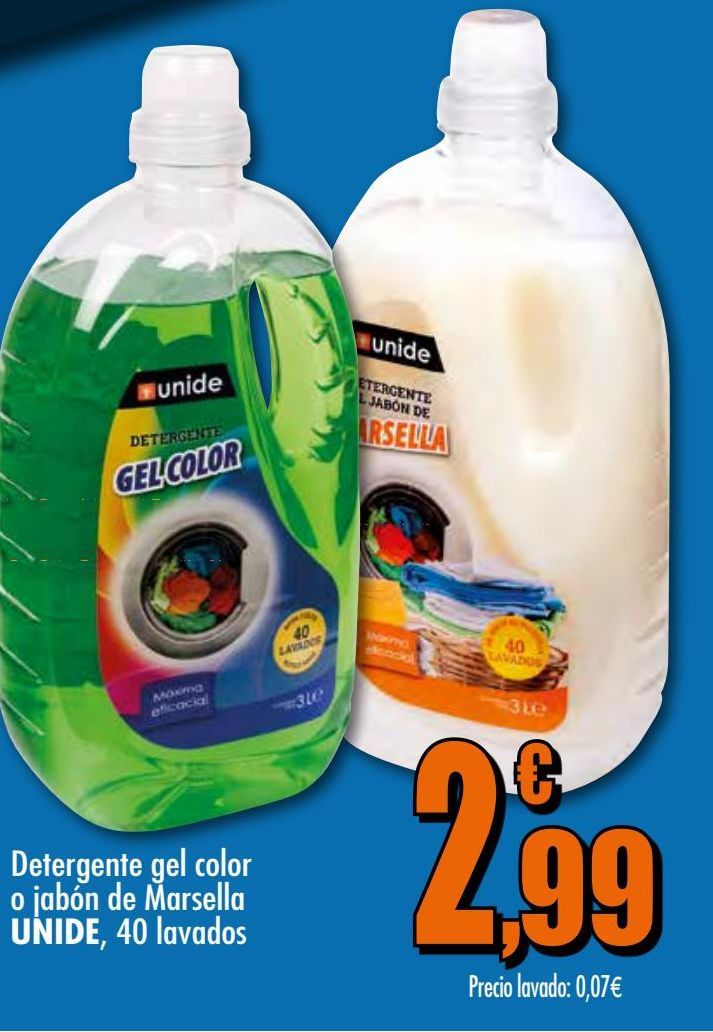 Oferta de Detergente gel o jabón de Marsella 40 lavados Unide por 2,99€