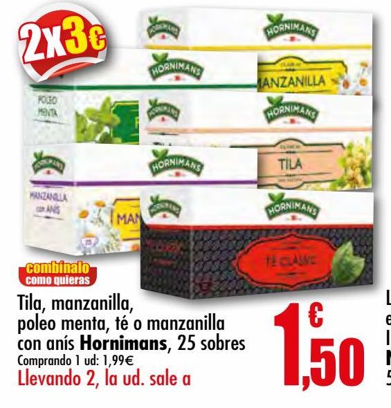 Oferta de Tila, manzanilla, poleo menta, té manzanilla con anís 25 sobres Hornimans por 1,5€