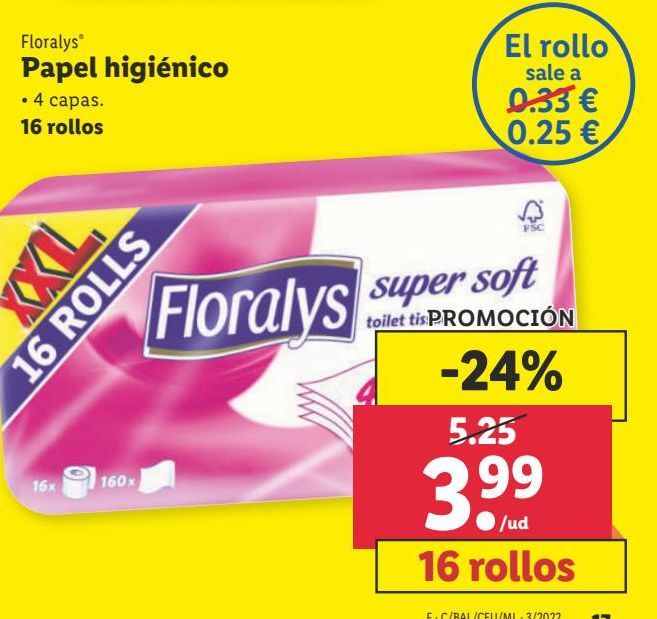 Oferta de Papel higiénico Floralys por 3,99€