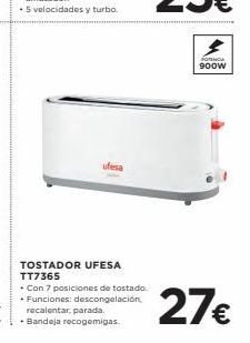 Oferta de ROCA 900w  TOSTADOR UFESA TT7365 + Con 7 posiciones de tostado • Funciones: descongelación  recalentar, parada • Bandeja recogemigas  27€  por 