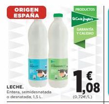 Oferta de ORIGEN ESPAÑA  PRODUCTOS Copy  GARANTÍA Y CALIDAD  €  1,88  LECHE. Entera, semidesnatada o desnatada, 1.5 L  (0.72e/L)  por 